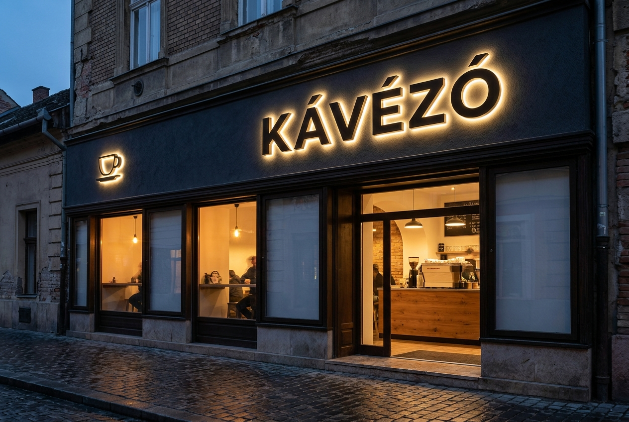 Világító plasztikus betűs kávézó felirat