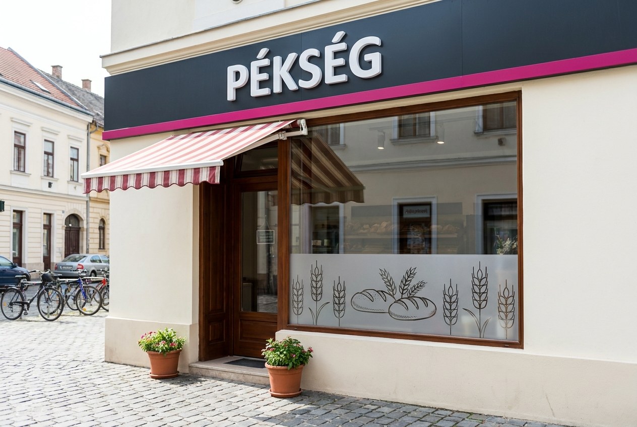 Pékség teljes portál dekorációja: homlokzati tábla, napellenző és kirakatfólia