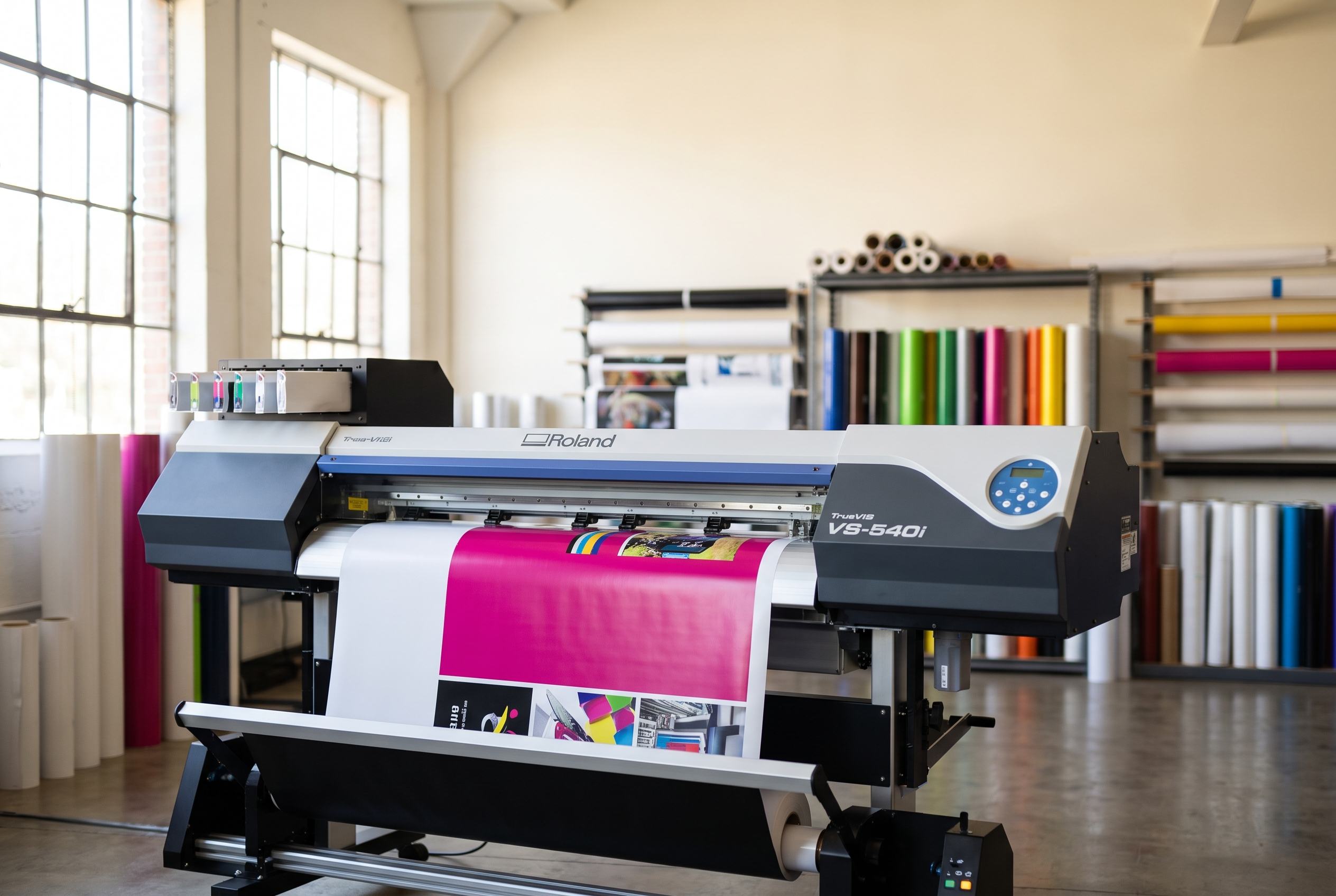 Roland VS-540i nagy formátumú nyomtató és vágógép a műhelyben